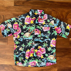 Network Black Hawaiian Tropical Floral Shirt size Large